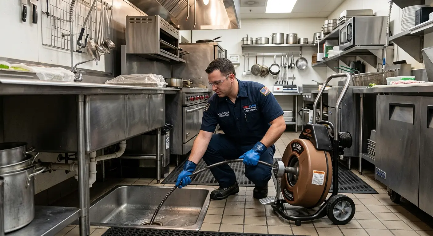 Commercial drain cleaning service in a restaurant kitchen in Sumter