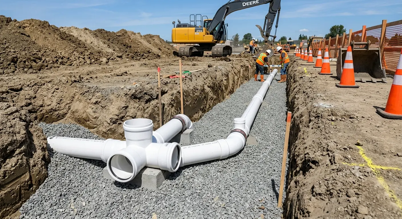 New PVC sewer pipe installation in open trench for Commercial Drain Cleaning in Sumter
