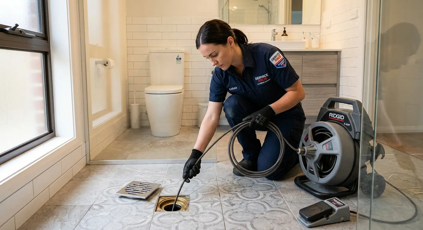 Technician clearing a bathroom floor drain for Hydro Jetting in Sumter
